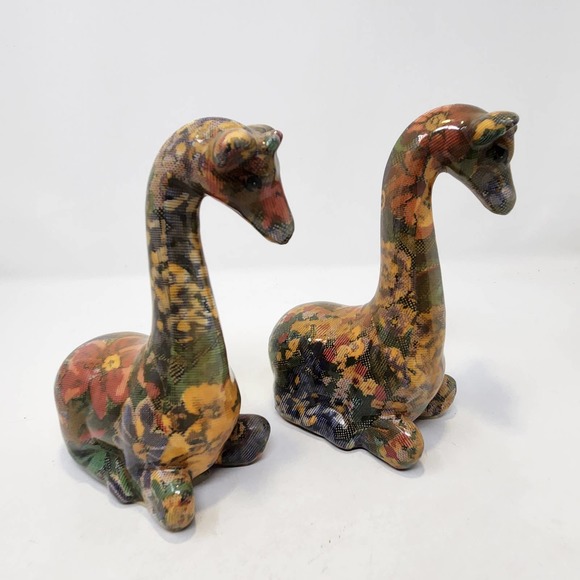 Giraffe Floral Patchwork Glazed Ceramic Figurines Set of 2 7" Sitting Figure - Picture 4 of 5